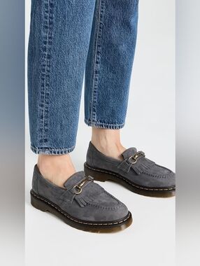 Dr. Martens Gray Suede Fringe Loafers with Brass Bit